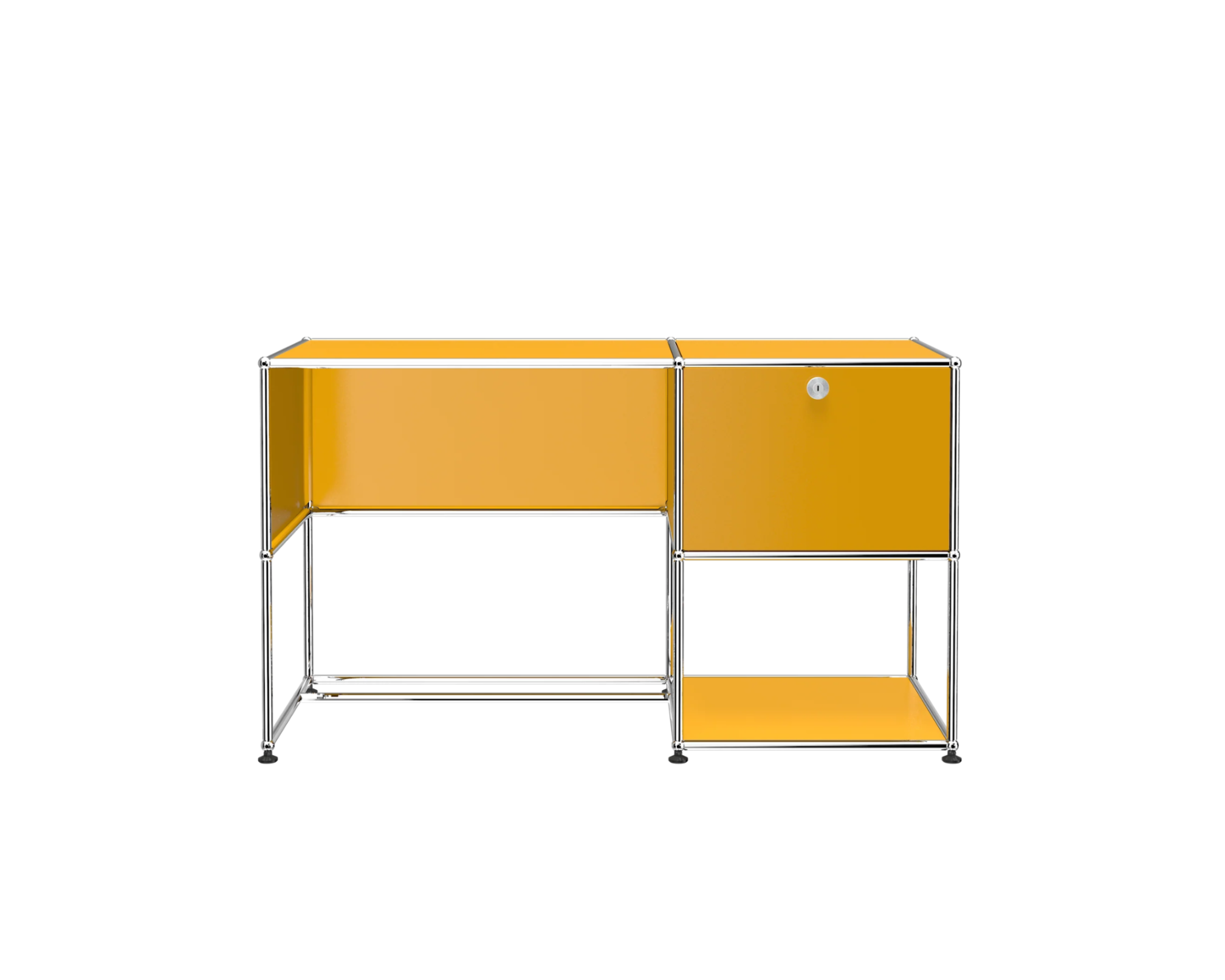 Yellow storage unit with metal frame on a white background