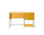 Yellow storage unit with metal frame on a white background